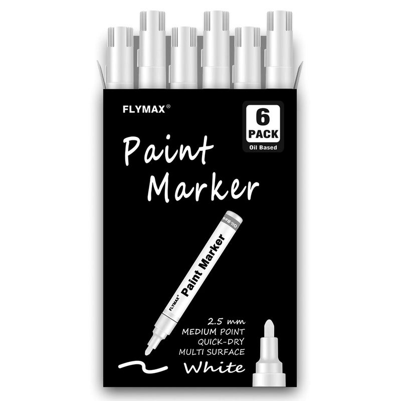 FLYMAX White Paint Pens, 6 Pack 2.5mm Medium Tip White Paint Marker Permanent for Wood Rock Plastic Leather Glass Stone Metal Canvas Ceramic Fabric Tire Paint Marker Oil Based - Image 1